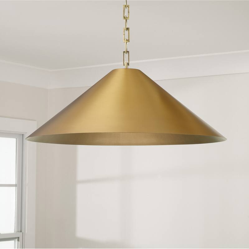 1-Light Metal Cone Pendant in Aged Brass with Painted Brass Interior and Rectangular Designer Chain