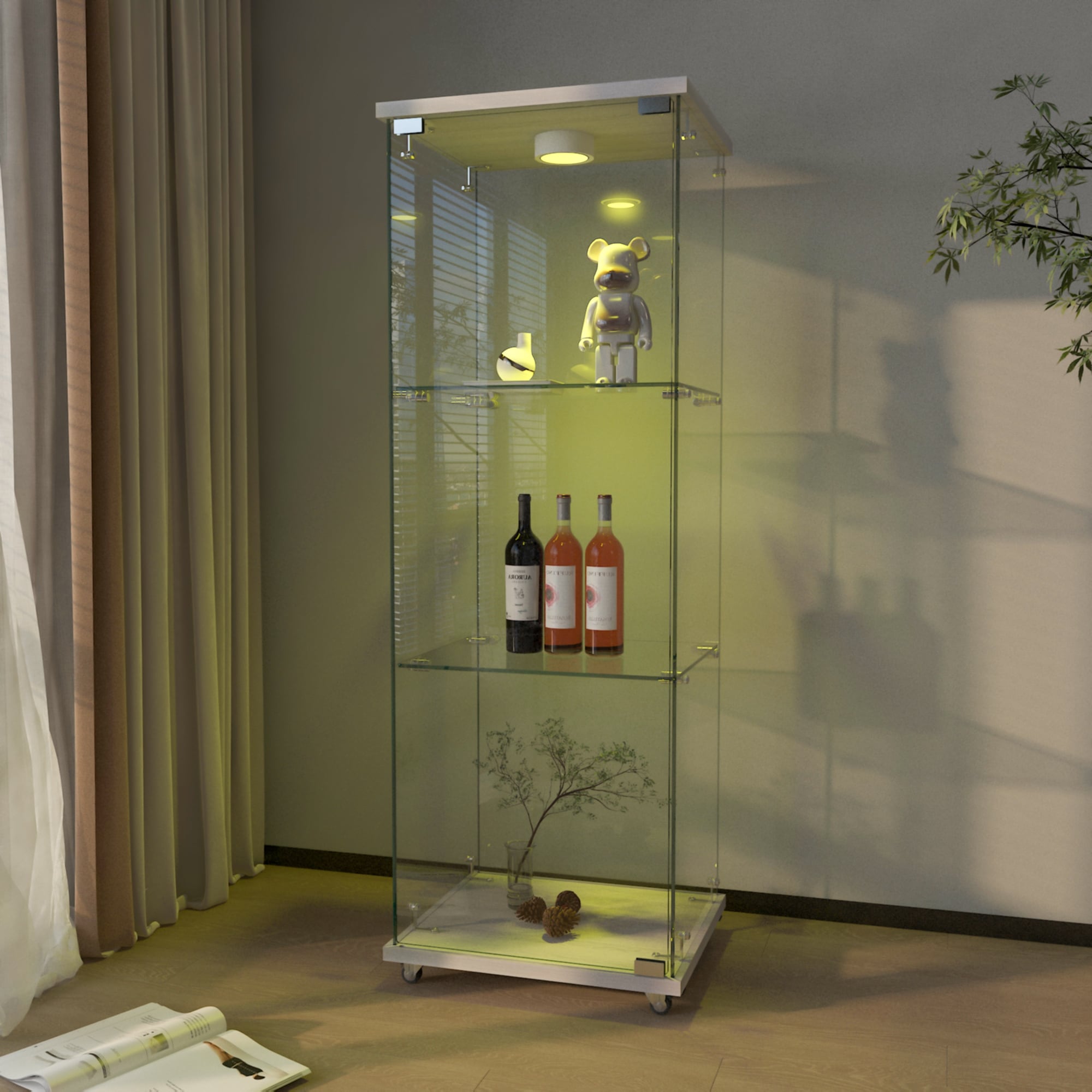 Modern Glass Display Cabinet with LED lights, Quick-assembly Antique Cabinet, Tempered Glass Bookshelf, Suitable for Living Room