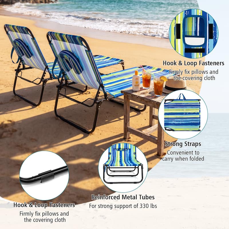 Gymax 2PCS Folding Beach Sun Lounger w/Face Hole Removable Pillows