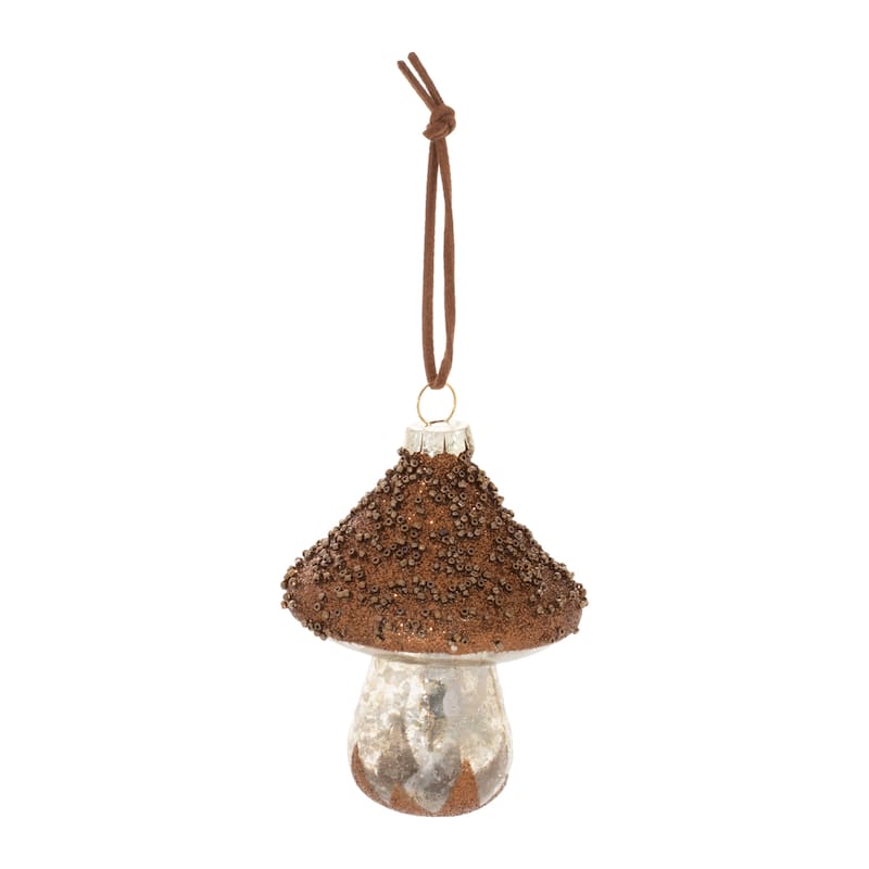 Brown Glass Beaded Mushroom Ornaments Set of 6 with Mercury Finish - 3” x 3” x 4” (L x W x H)