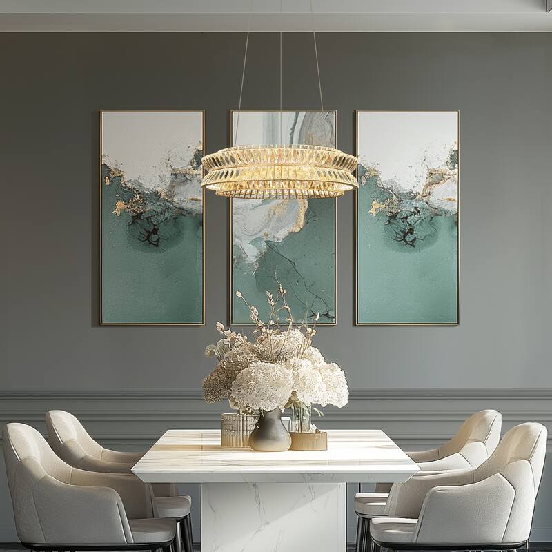 Modern Glam Dimmable 2-Tired LED Wheel Drum Crystal Chandelier Gold for Dining Room Bedroom - 23.5" D*10"-77" H