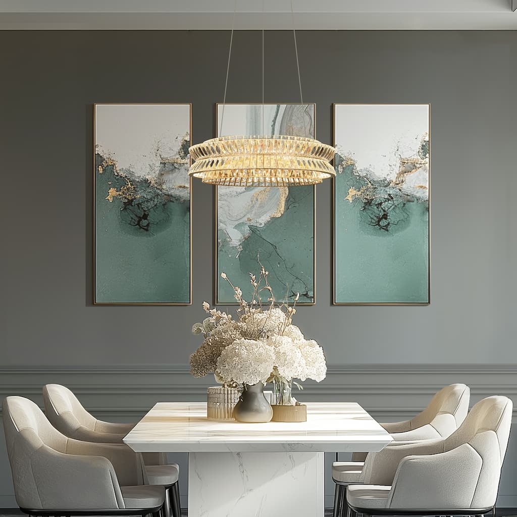 Modern Glam Dimmable 2-Tired LED Wheel Drum Crystal Chandelier Gold for Dining Room Bedroom - 23.5" D*10"-77" H