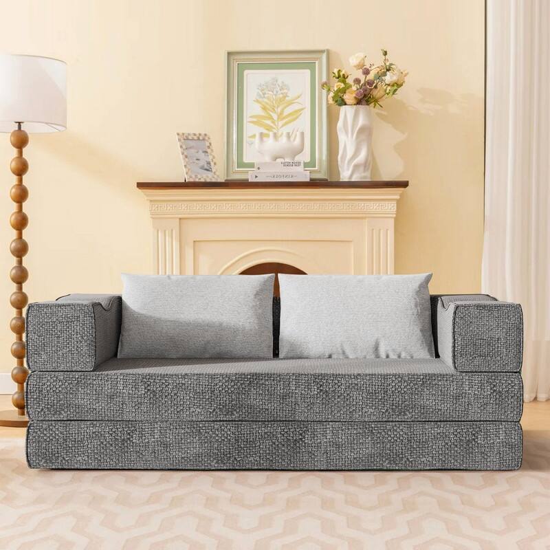 80" Convertible Couch Bed with Removable Cushions and Pillows, 3-Seat Folding Floor Couch & King Size Bed Mattress - Grey