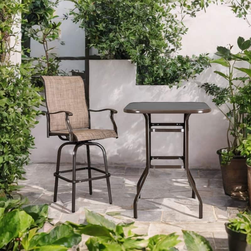 Wrought Iron Glass High Bar Table Patio Bar Table Brown