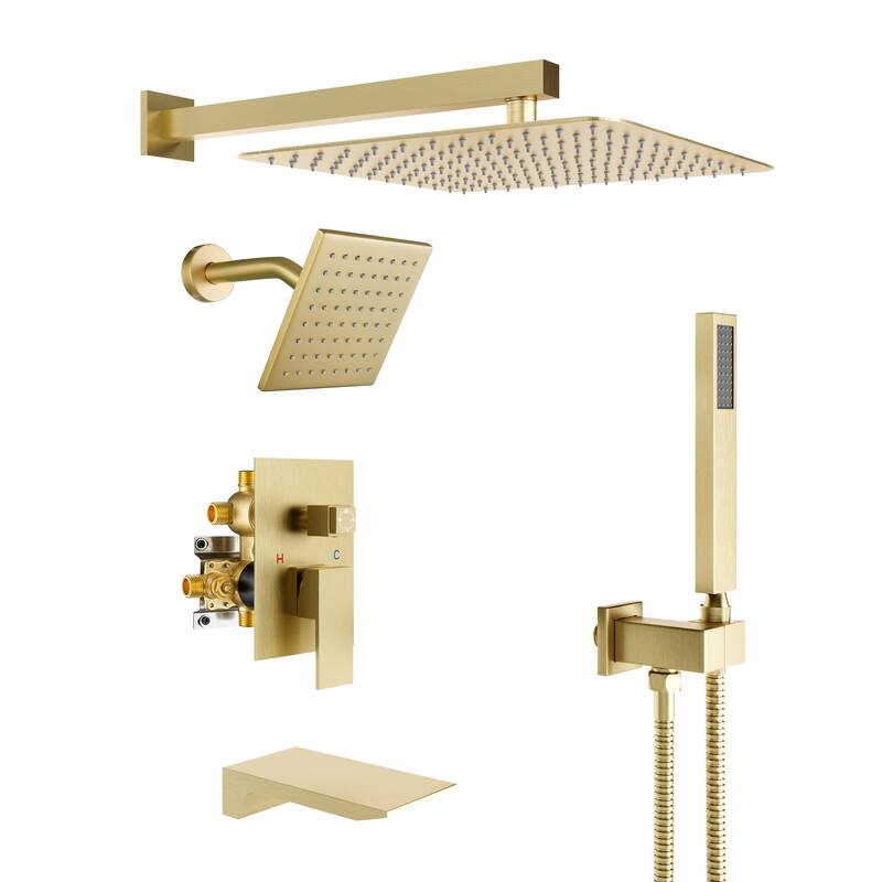 4-Spray Wall Mount 12 and 6 in. Dual Fixed and Handheld Shower Head with Waterfall Tub Spout (Valve Included) - 12" x 12" - Brushed Gold