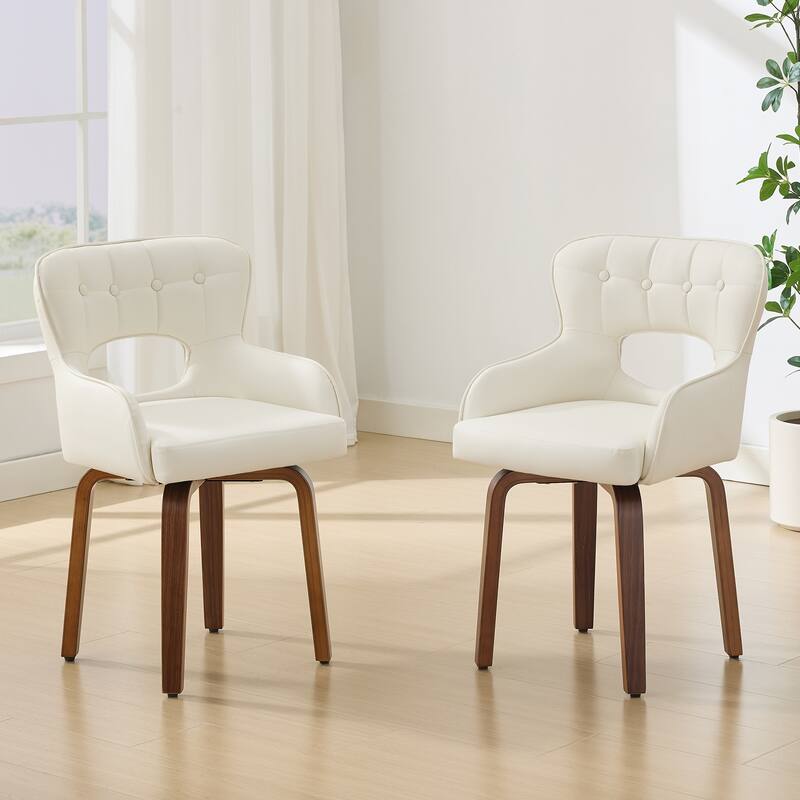 Faux Leather Upholstered Swivel Dining Chairs with Bentwood Legs - White