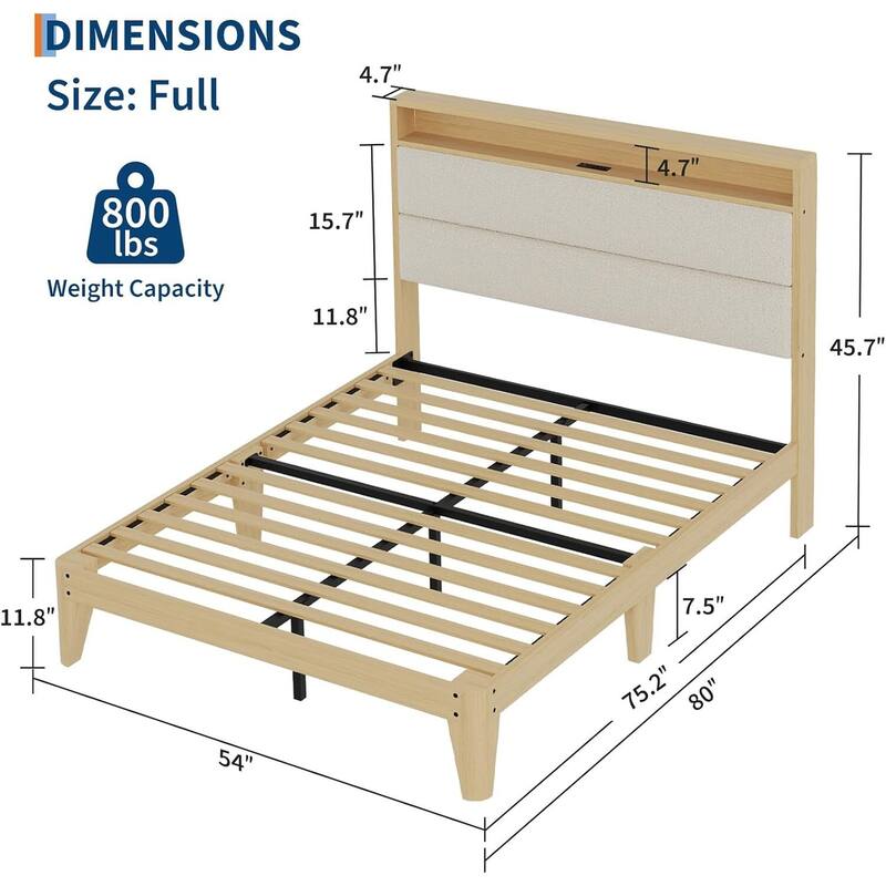 Bed Frame with LED Light, Storage Headboard and Charging Station