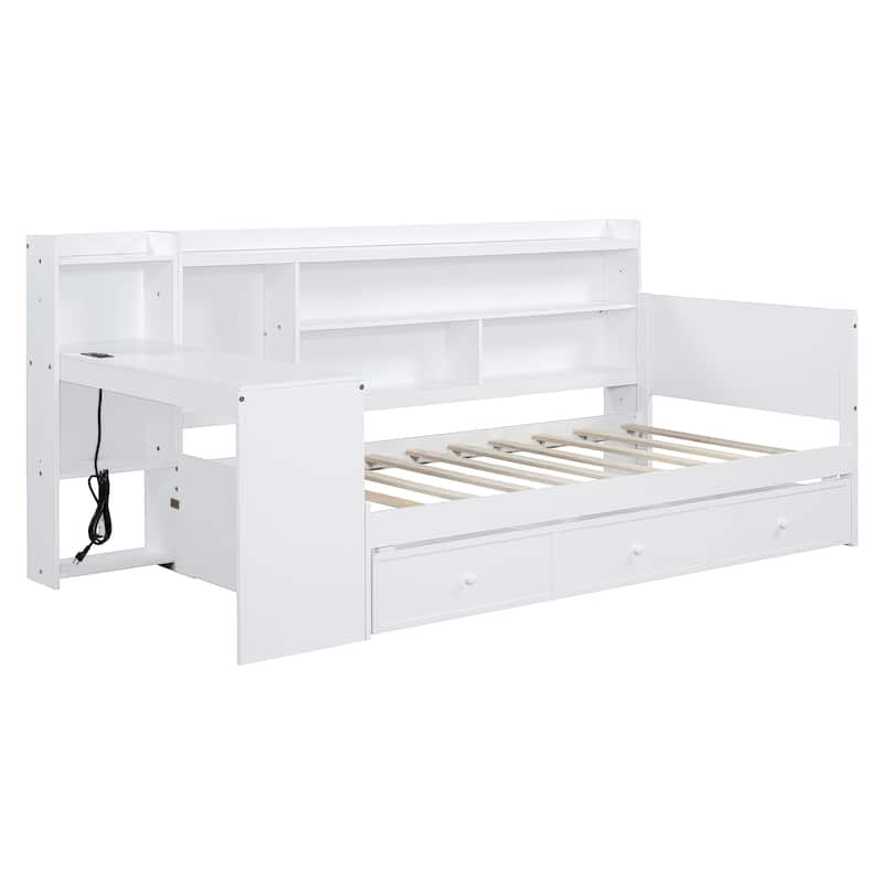 Full Size Wooden Daybed with Desk, USB Ports, 3 Storage Drawers & Side Storage