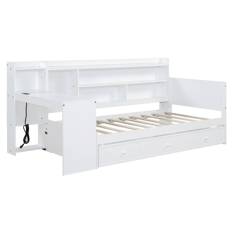 Twin Size Wooden Daybed With 3 Drawers, USB Ports and desk, White