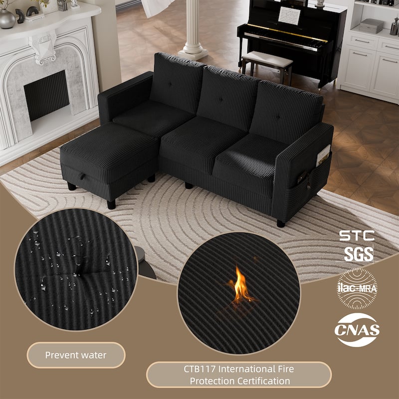 3-Seater Sectional Sofa with Movable Ottoman, Modern Living Room Couch