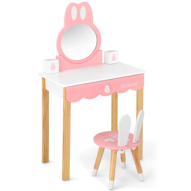 Costway Kids Vanity Set Rabbit Makeup Dressing Table Chair Set W/ - See Details