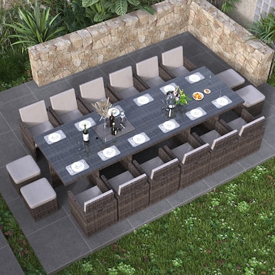 16-Seater Aluminum Patio Dining Sets with Cushions and Tempered Glass Tabletop