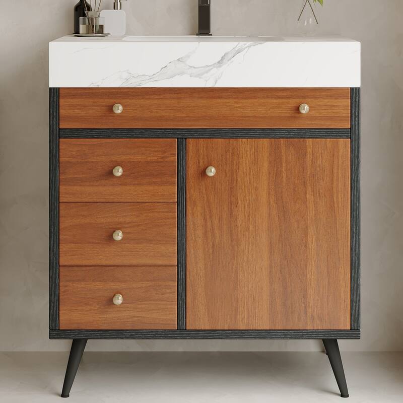 GDFStudio - Bristol Modern 29.9" Freestanding Bathroom Vanity with Sintered Stone Top, Ceramic Sink & Stainless Steel Legs