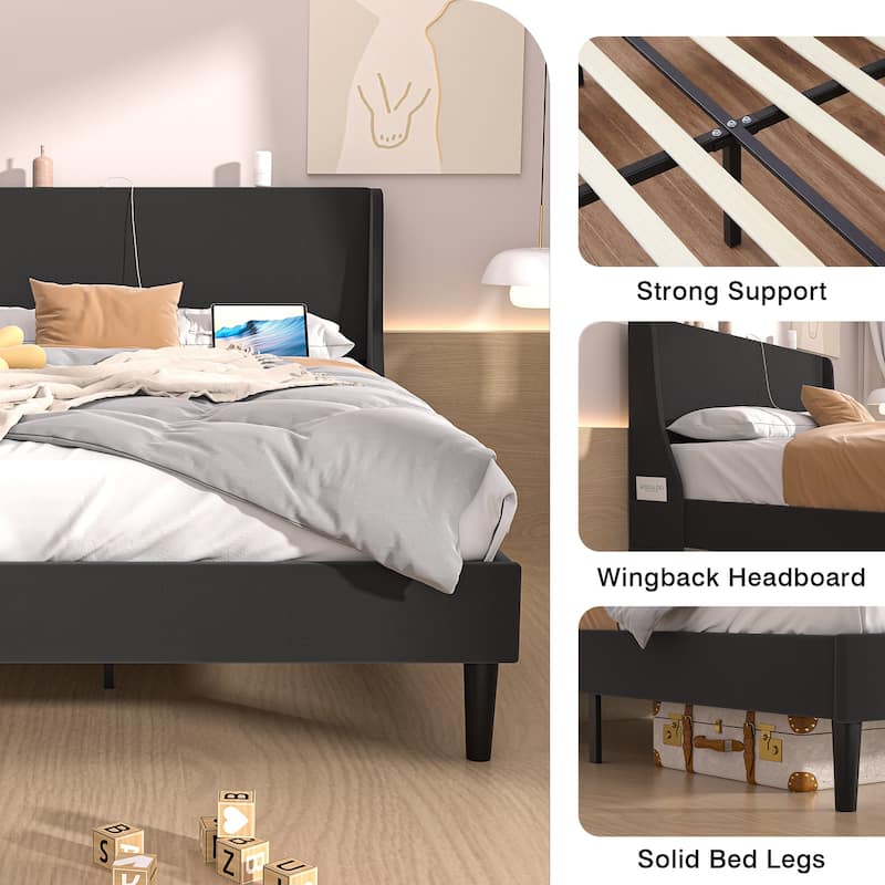 VECELO Bed Frame with Upholstered Wingback Headboard,Platform Bedframe with Charging Station & Side Pockets