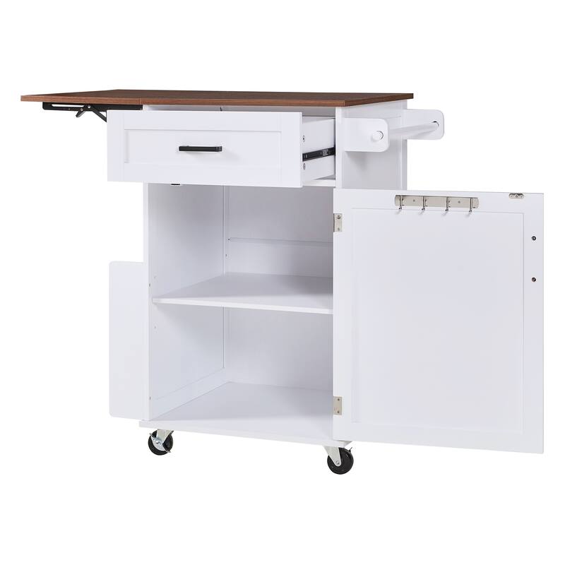 39.3" Kitchen Island with Drop Leaf, Kitchen Storage Island with Open Side Rack, One Drawer, Towel Rack, with Lockable Wheels