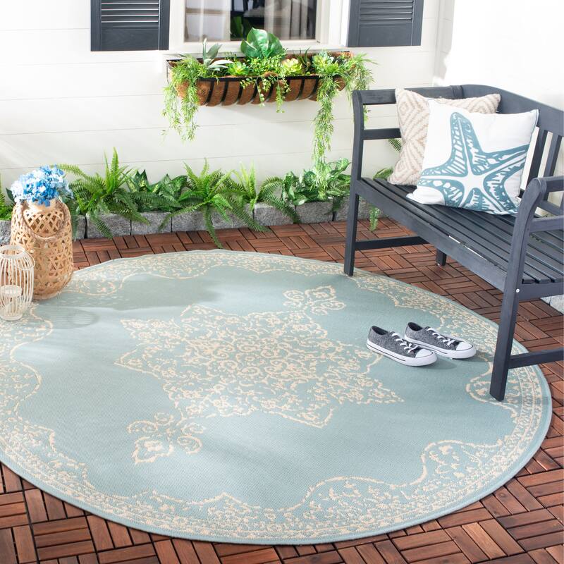 SAFAVIEH Beach House Zanfira Indoor/ Outdoor Waterproof Patio Backyard Rug - 4' Round - Cream/Aqua