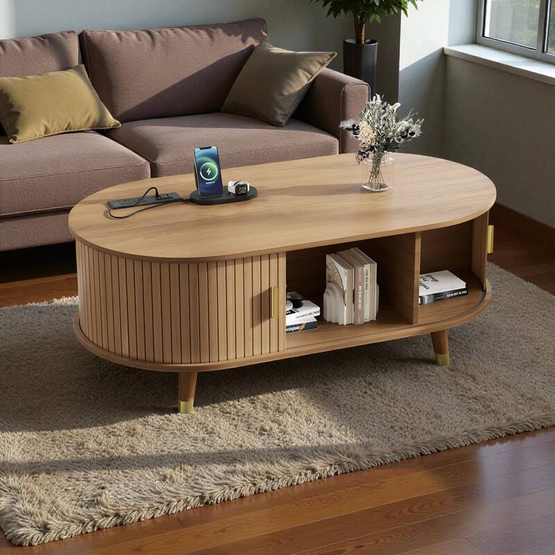 42.5'' Oval Fluted Coffee Table with Charging Station, Mid-Century Tambour Door Center Table with Solid Wood Legs