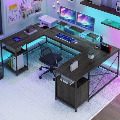 Moasis 79" Reversible U Shaped Desk with Power Outlets LED Lights L Shaped Desk w/Drawers Cabinet