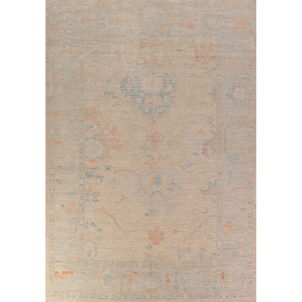 Hand Knotted Oriental 100% Wool Carpet Transitional All-Over Peach Oushak Area Rug - 12' 2'' X 9' 5''