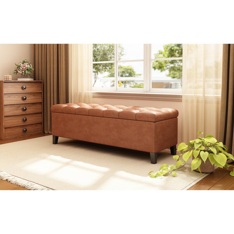 PU Leather Button-Tufted Storage Ottoman with Birch Wood Legs