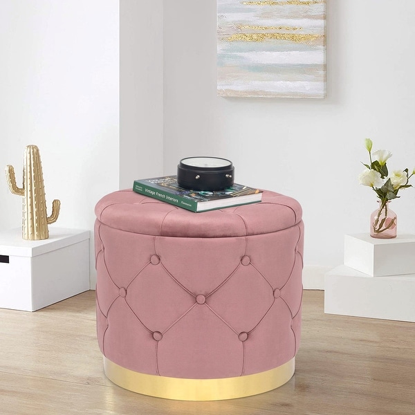 Adeco Round Velvet Storage Ottoman Multi Function Vanity Footstool