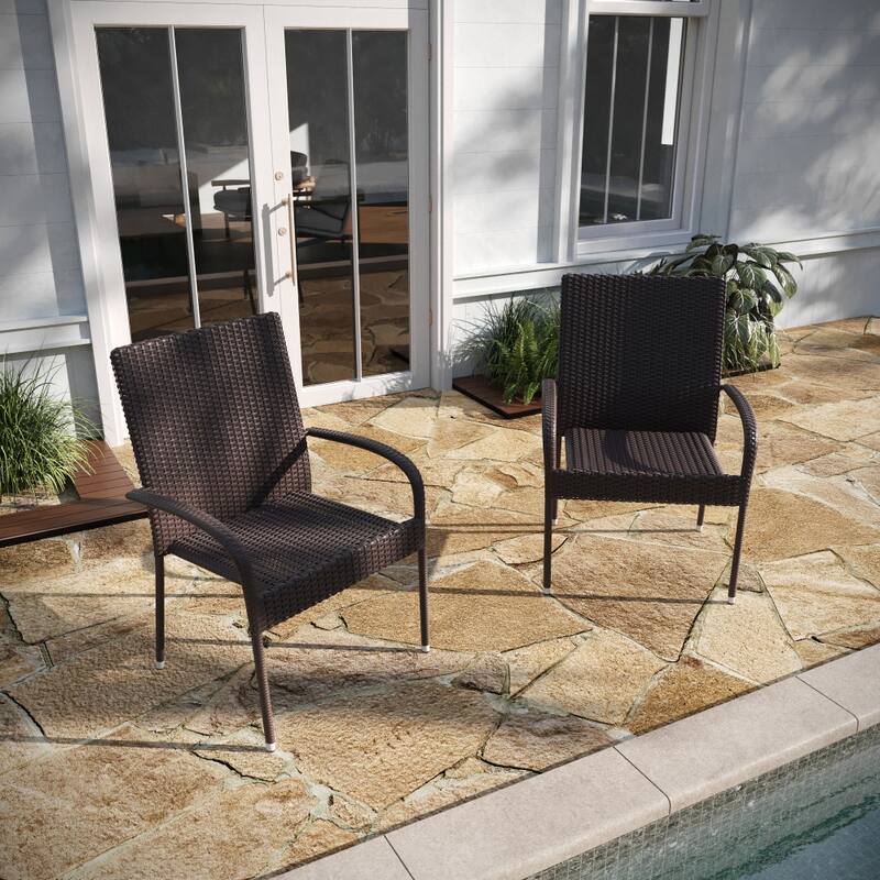 Indoor/Outdoor Stacking Steel Framed Wicker Dining Armchairs - 2 Pack