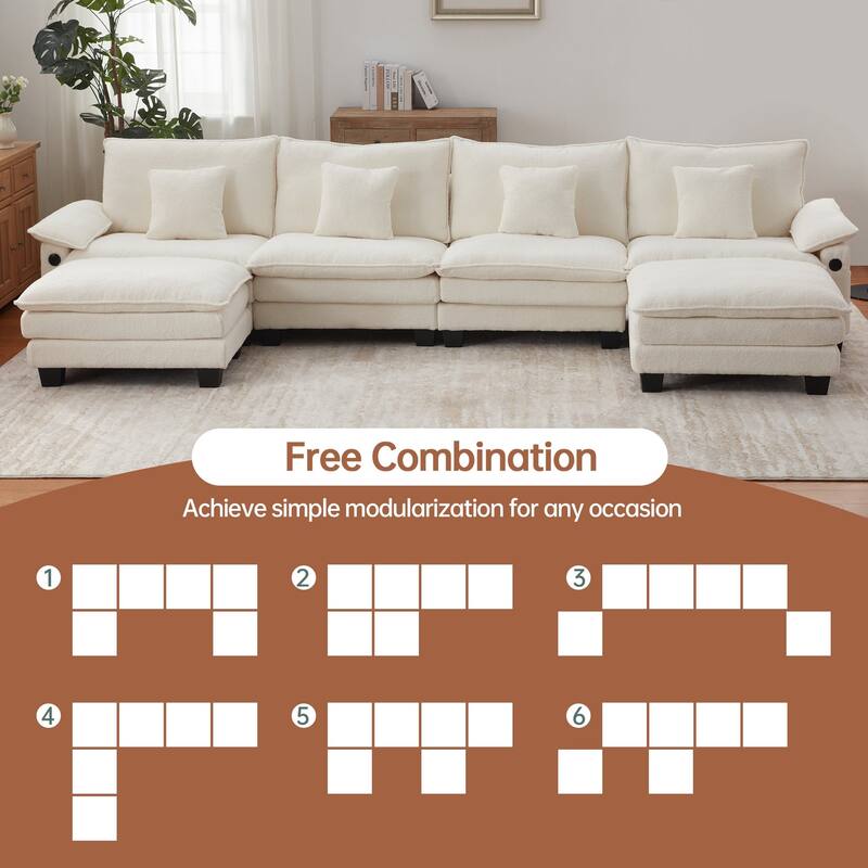 144" Modular Compression Sofa Set Convertible Sectional Sleeper Couch with 2 Ottomans