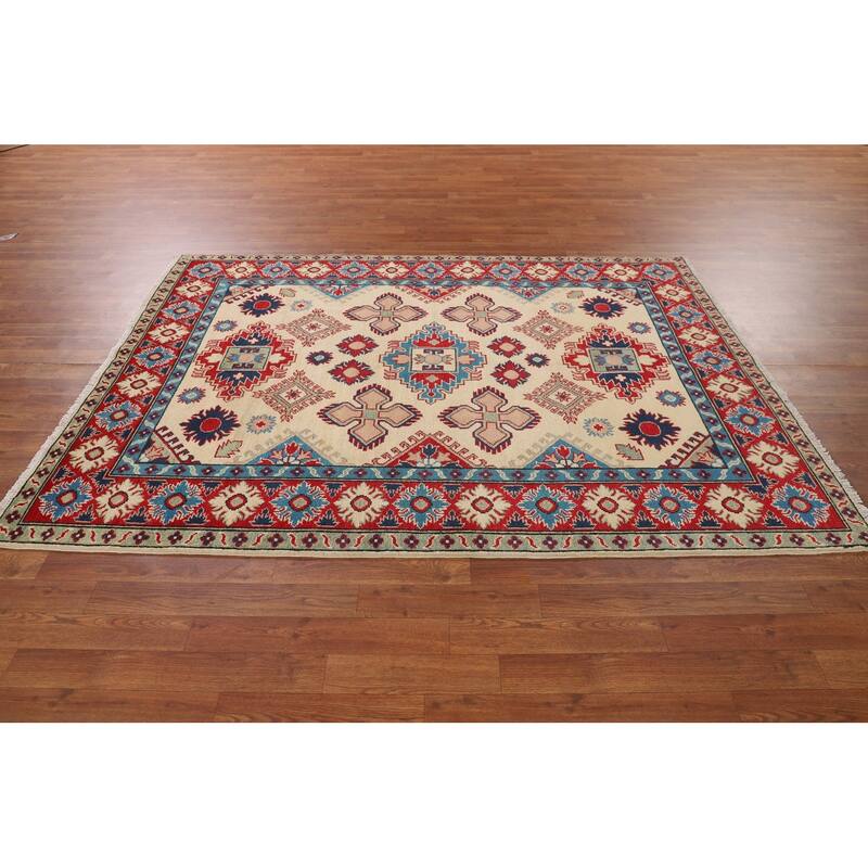 Kazak Area Rug Handmade Traditional Beige Wool Carpet - 5'0" x 7'11"