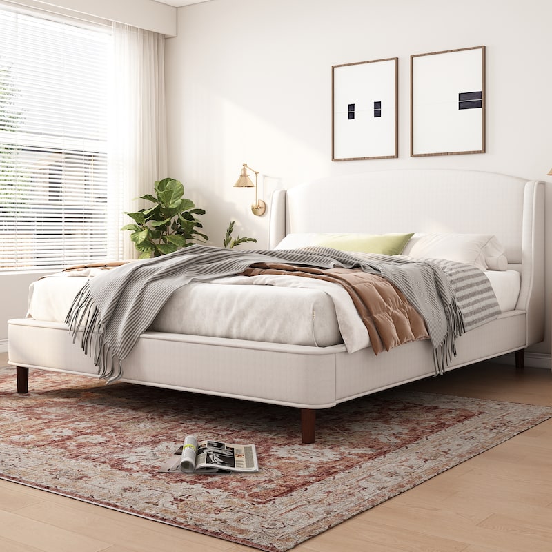 King Size Bed Frame, Upholstered Platform Bed with Curved Wingback Headboard and Solid Wood Legs, No Box Spring Needed, Beige
