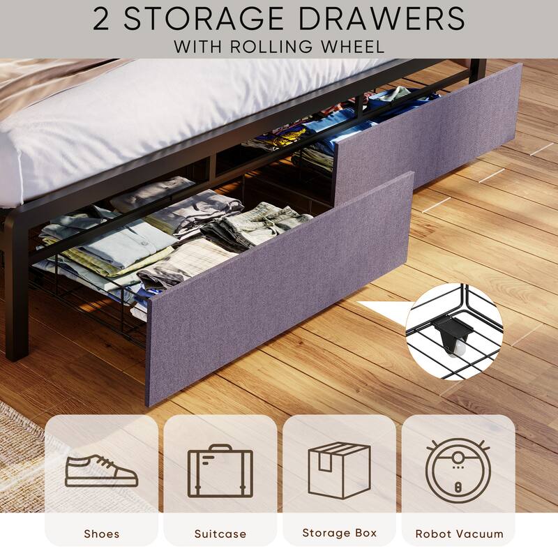 King Size LED Upholstered Platform Bed with Charging Station & Drawers