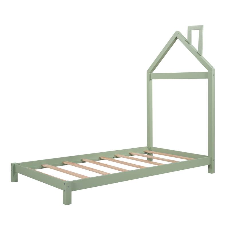 Wood Platform Bed with House-Shaped Headboard