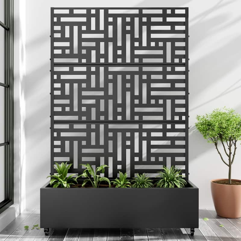 Metal Movable Planter Box with Trellis Privacy Screen Planter Box with Lockable Wheels - Black1