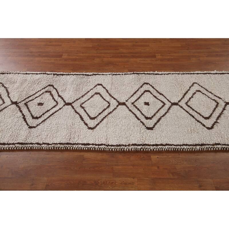 Geometric Beige Anatolian Runner Rug Handmade Wool Carpet - 3'1"x 10'4"