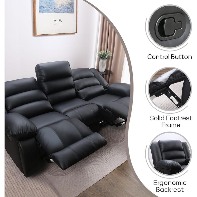 Faux Leather Manual Reclining Sofa with 2 Concealed Cup Holders, Overstuffed Armrest 3 Seat Recliner Couch for Living Room