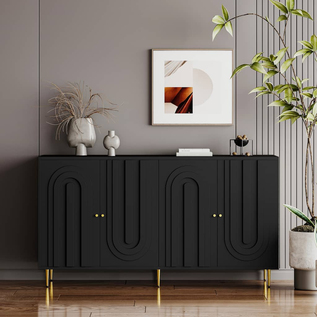 Modern Buffet Sideboard Cabinet with Storage, 4 Door Wooden Credenza with Metal legs for Living Room, Entryway, Hallway