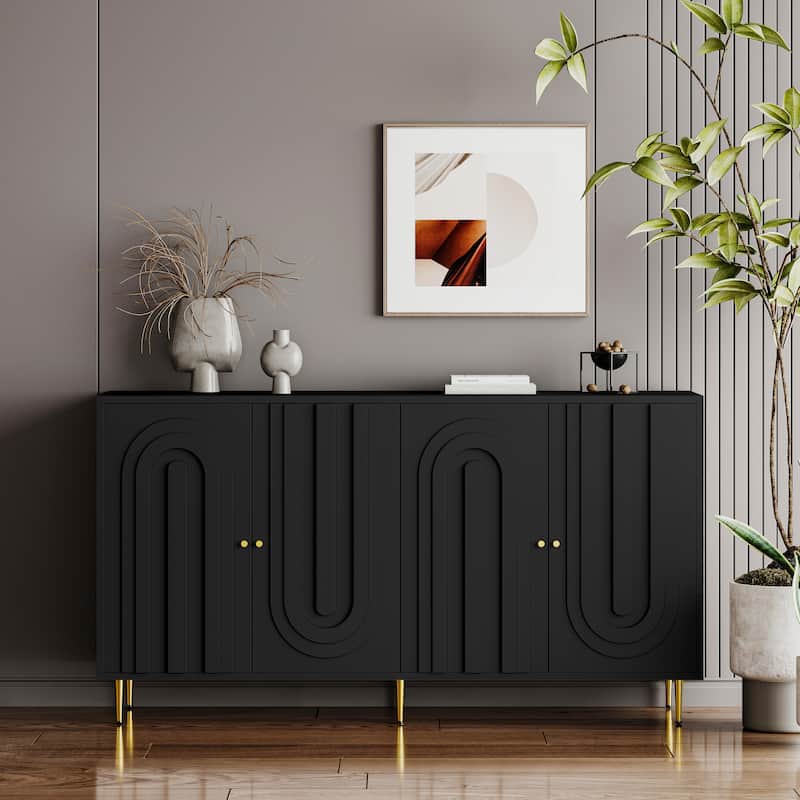 Sideboard Cabinet with 4 Door, Wood Storage Cabinet with Gold Knobs and Legs, Entryway Table with Adjustable Shelves - Matte Black