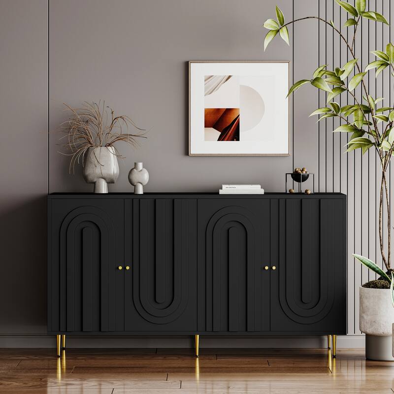 Sleek Gray Lacquered Wooden Sideboard‌ – 4-Door Storage Cabinet for Living Room, Dining Room & Office