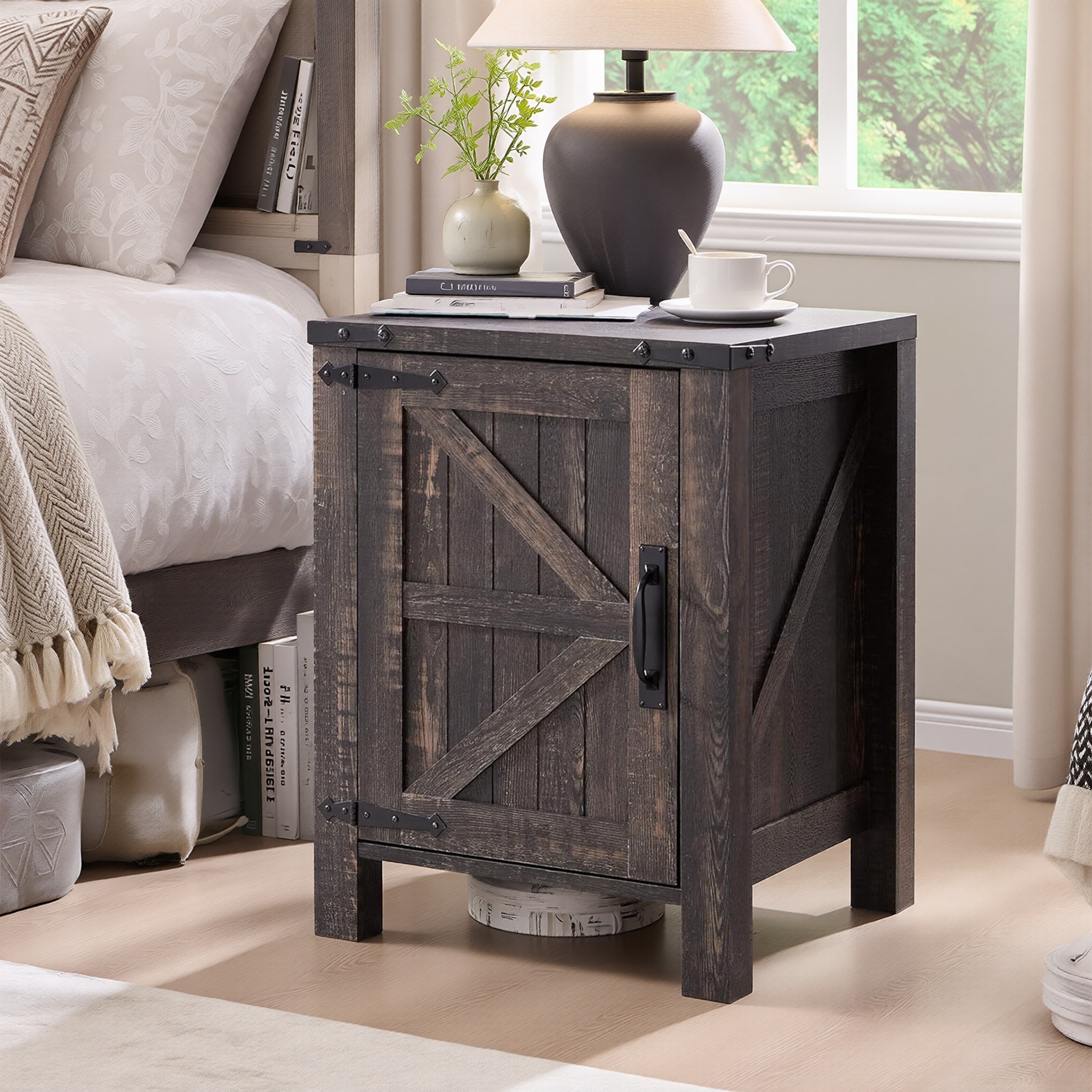 Farmhouse Wood Nightstand with Charging Station, End Table, Side Table
