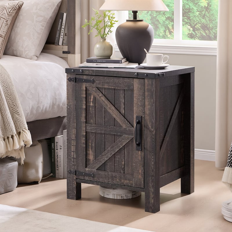 Farmhouse Wood Nightstand with Charging Station, End Table, Side Table - Dark Rustic Oak