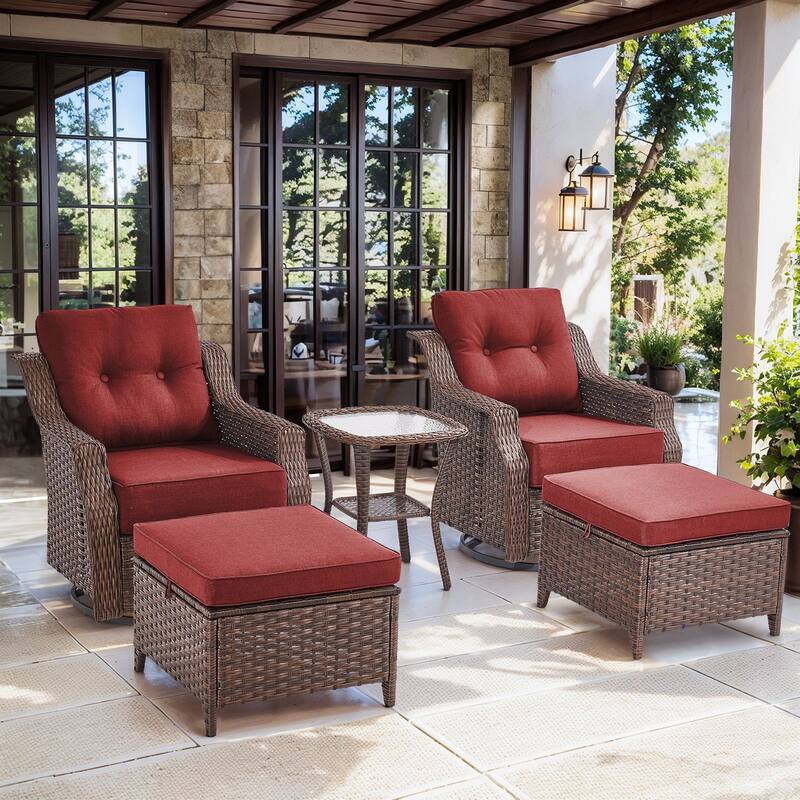 3 Pieces Swivel Chairs Ottomans with Table - Grey Cushion - Brown - Red - Brown
