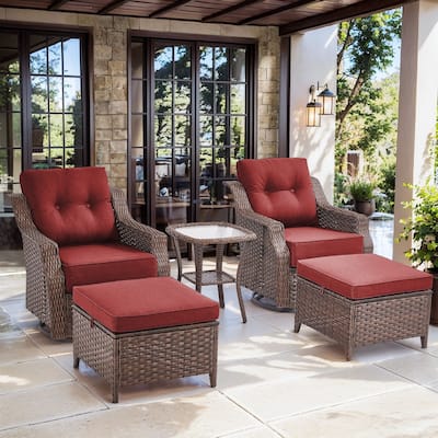 3 Pieces Swivel Chairs Ottomans with Table - Grey Cushion - Brown