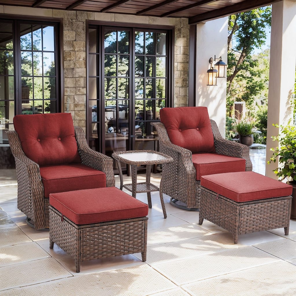 3 Pieces Swivel Chairs Ottomans with Table - Grey Cushion - Brown