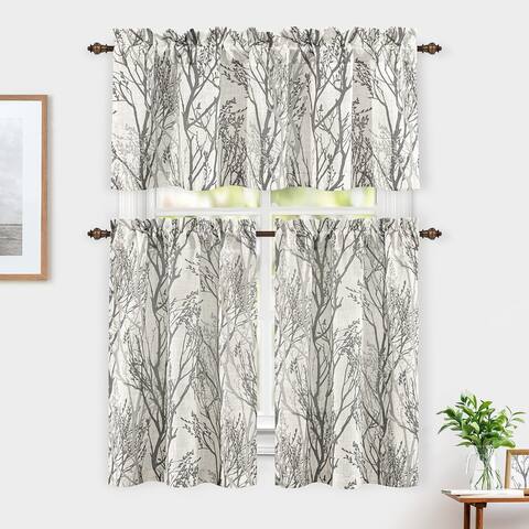DriftAway Tree Branch Linen Blend Botanical Pattern 3 Pieces Semi Sheer Kitchen Set