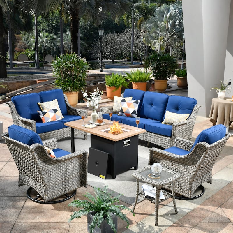 XIZZI 6-piece Outdoor High-back Furniture Swivel Chair Set with Fire Pit