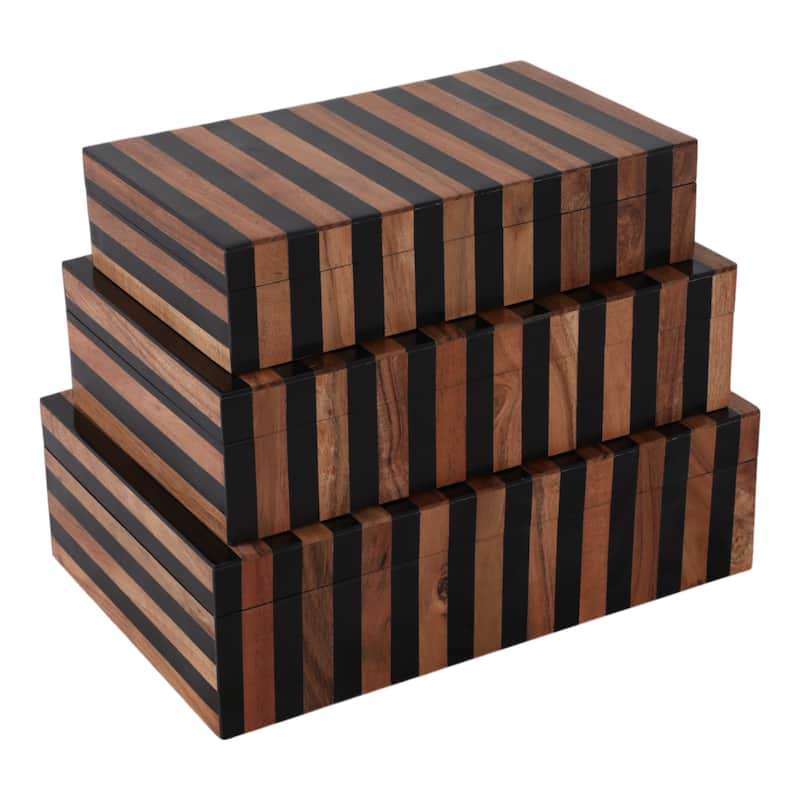 Wood Resin Storage Boxes Striped Modern Design (Set of 3) - 3/4" Brown - 12" x 8" x 3.5"