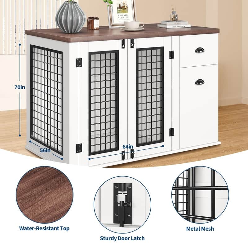 44" Heavy Duty Dog Kennel Crate Furniture with Drawer Cabinet Wooden Indoor Pet Cage Side End Table