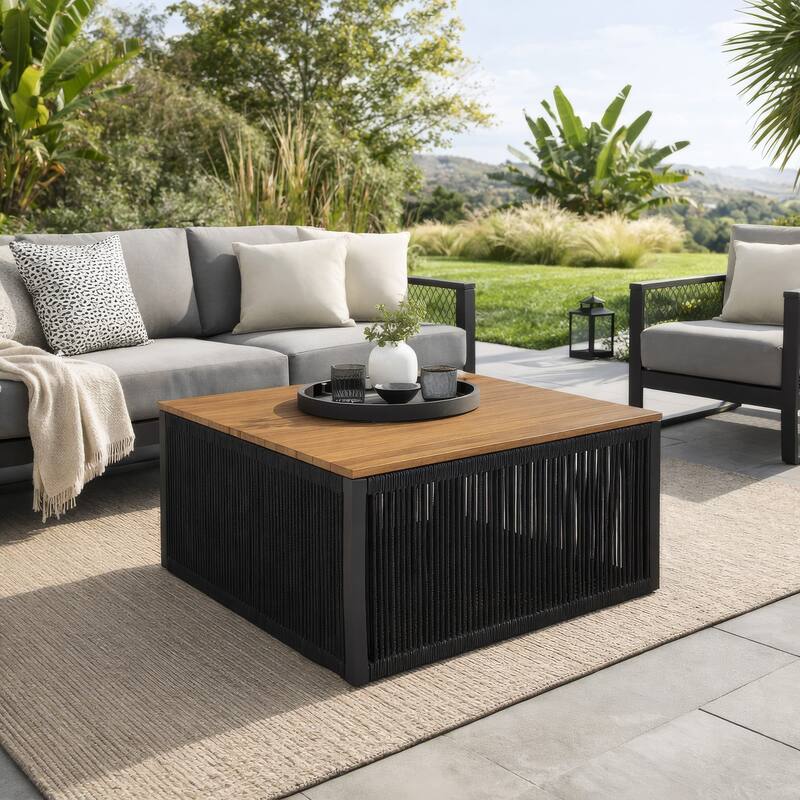 Miri 30 Inch Outdoor Coffee Table, Teak Wood Slatted Top, Black Rope