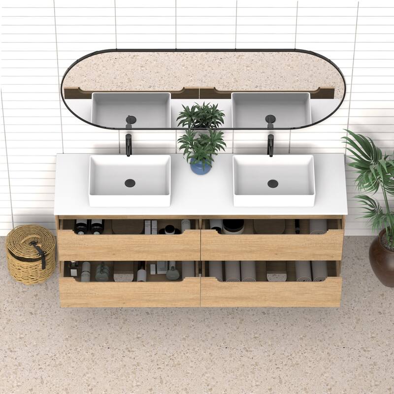 72" Solid Wood Bathroom Vanity with White Quartz Countertop Ceramic Vessel Sink