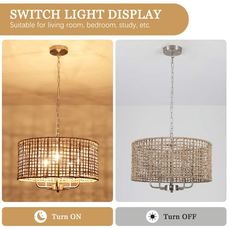 5 - Light Dimmable Drum Chandelier Natural Rattan Bohemian & Coastal Pendant - 18.9 in