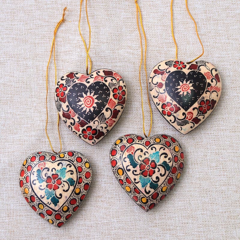 Novica Handmade Heart Flowers Batik Wood Ornaments (Set Of 4)